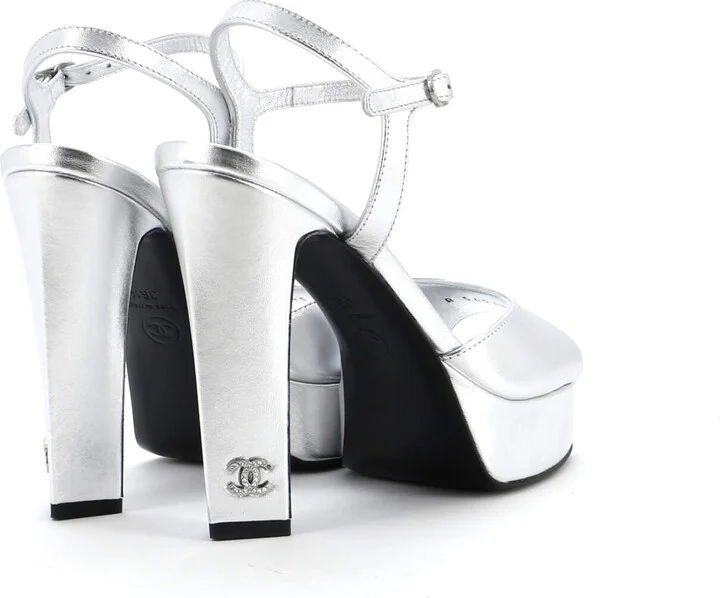 CHANEL Women's CC Ankle Strap Platform Sandals Leather and Crystals - Image 3