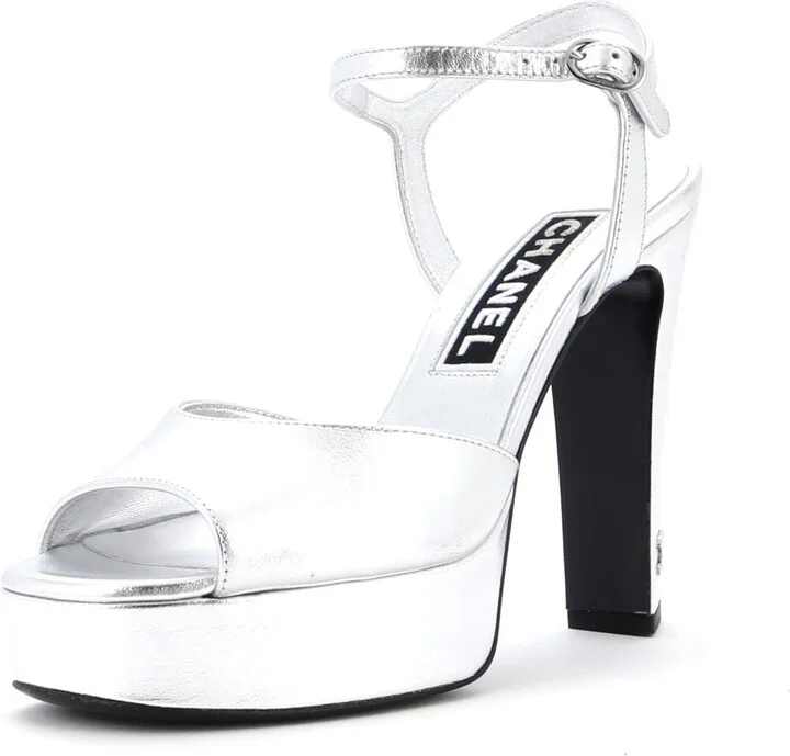 CHANEL Women's CC Ankle Strap Platform Sandals Leather and Crystals