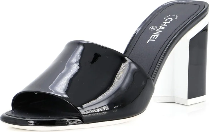 CHANEL Women's CC Block Heeled Mule Sandals Patent