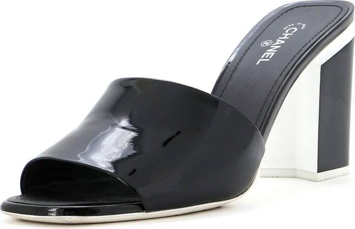 CHANEL Women's CC Block Heeled Mule Sandals Patent