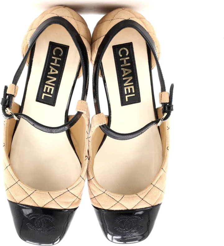 CHANEL Women's CC Cap Toe Ankle Strap Flats Quilted Suede with Patent - Image 2