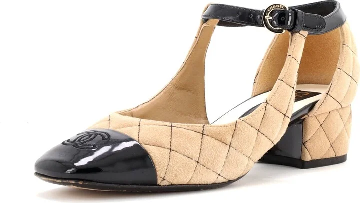 CHANEL Women's CC Cap Toe Ankle Strap Flats Quilted Suede with Patent