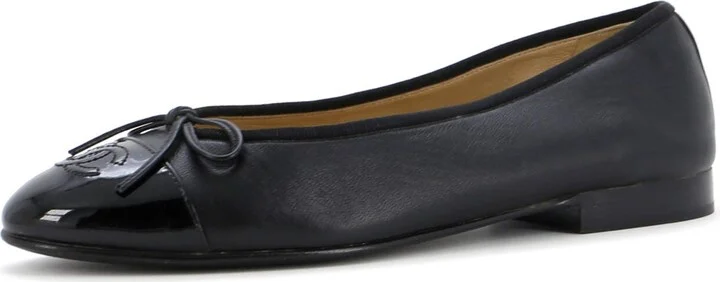 CHANEL Women's CC Cap Toe Bow Ballerina Flats Leather and Patent