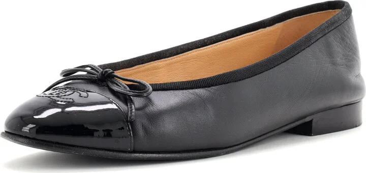CHANEL Women's CC Cap Toe Bow Ballerina Flats Leather and Patent