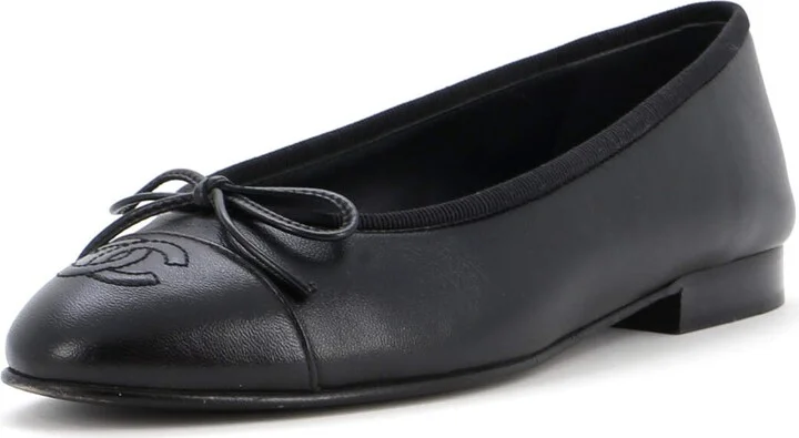 CHANEL Women's CC Cap Toe Bow Ballerina Flats Leather