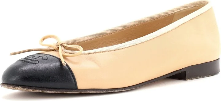 CHANEL Women's CC Cap Toe Bow Ballerina Flats Leather
