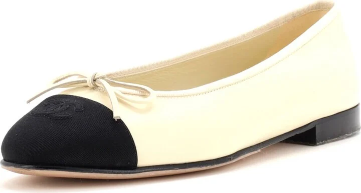 CHANEL Women's CC Cap Toe Bow Ballerina Flats Leather