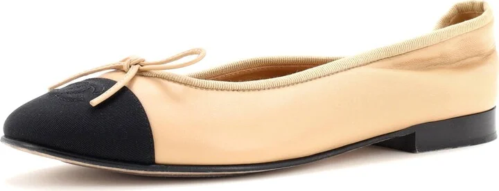 CHANEL Women's CC Cap Toe Bow Ballerina Flats Leather