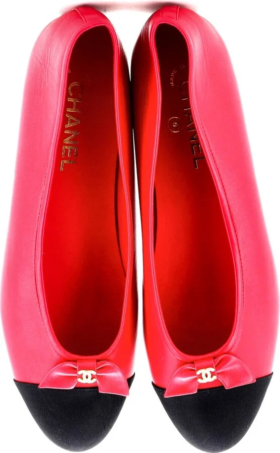 CHANEL Women's CC Cap Toe Bow Ballerina Flats Leather with Grosgrain and Faux Pearls - Image 2
