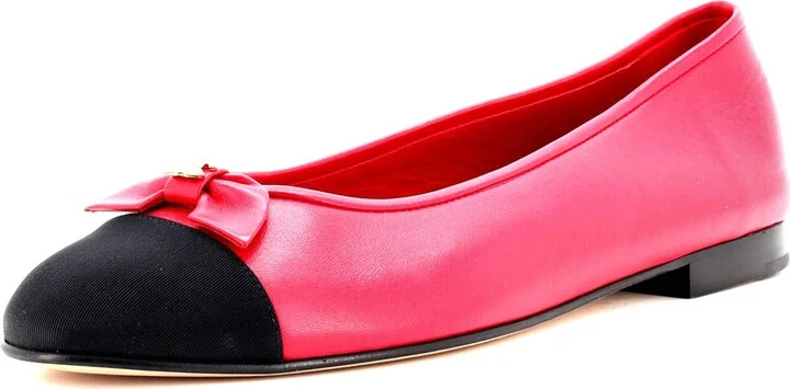 CHANEL Women's CC Cap Toe Bow Ballerina Flats Leather with Grosgrain and Faux Pearls