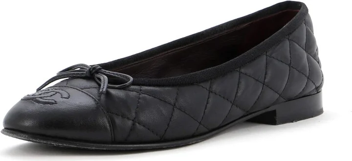 CHANEL Women's CC Cap Toe Bow Ballerina Flats Quilted Leather