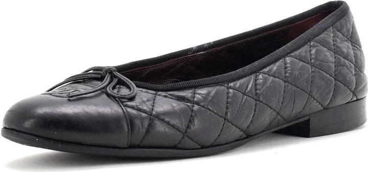 CHANEL Women's CC Cap Toe Bow Ballerina Flats Quilted Leather