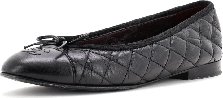 CHANEL Women's CC Cap Toe Bow Ballerina Flats Quilted Leather