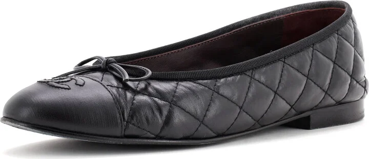 CHANEL Women's CC Cap Toe Bow Ballerina Flats Quilted Leather