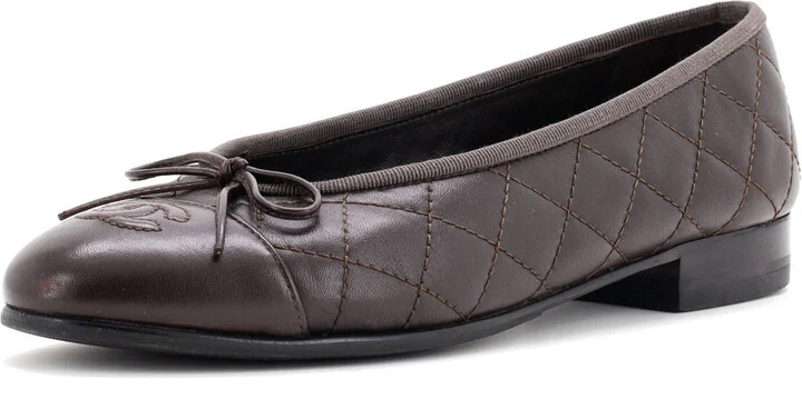 CHANEL Women's CC Cap Toe Bow Ballerina Flats Quilted Leather