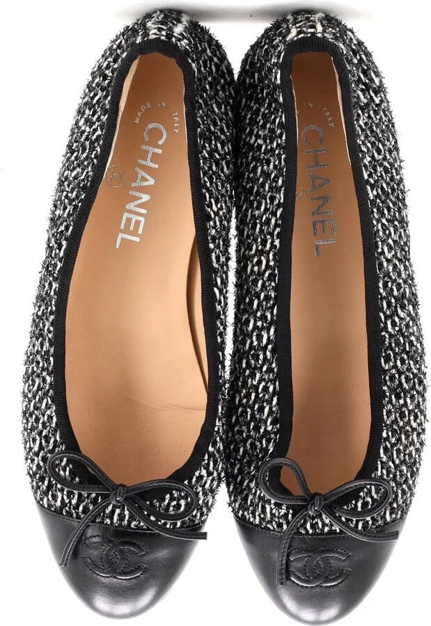 CHANEL Women's CC Cap Toe Bow Ballerina Flats Tweed with Leather - Image 2