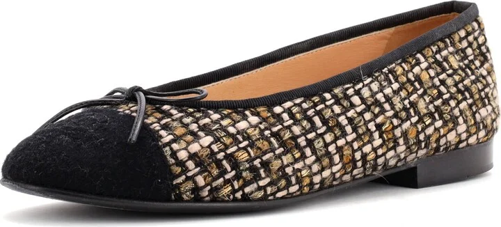 CHANEL Women's CC Cap Toe Bow Ballerina Flats Tweed with Wool