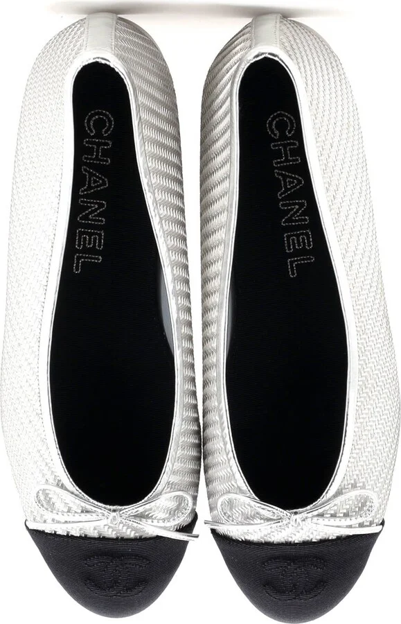 CHANEL Women's CC Cap Toe Bow Ballerina Flats Woven Fabric with Grosgrain - Image 2