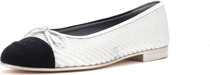 CHANEL Women's CC Cap Toe Bow Ballerina Flats Woven Fabric with Grosgrain