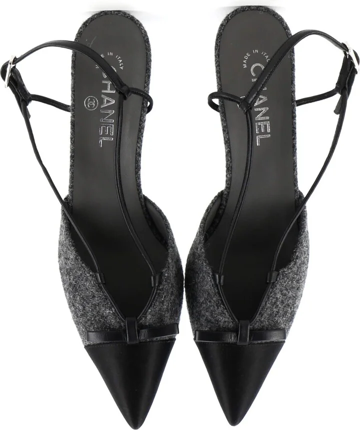 CHANEL Women's CC Cap Toe Bow Slingback Pumps Tweed and Satin - Image 2