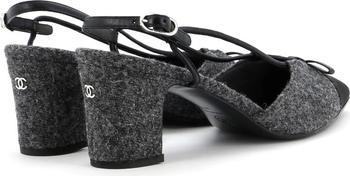 CHANEL Women's CC Cap Toe Bow Slingback Pumps Tweed and Satin - Image 3