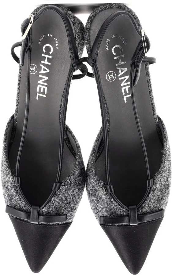 CHANEL Women's CC Cap Toe Bow Slingback Pumps Tweed and Satin - Image 2