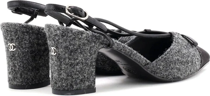 CHANEL Women's CC Cap Toe Bow Slingback Pumps Tweed and Satin - Image 3