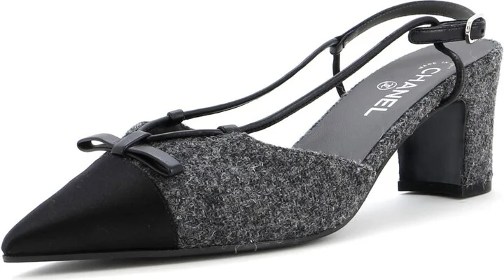 CHANEL Women's CC Cap Toe Bow Slingback Pumps Tweed and Satin