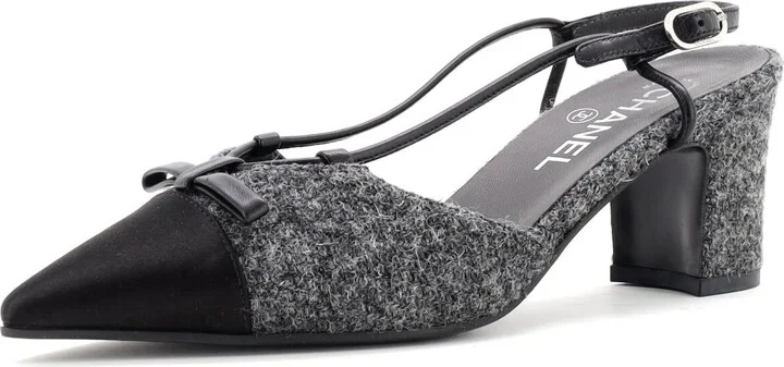 CHANEL Women's CC Cap Toe Bow Slingback Pumps Tweed and Satin