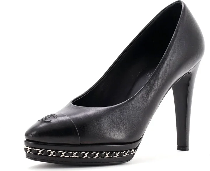 CHANEL Women's CC Cap Toe Chain Around Pumps Leather