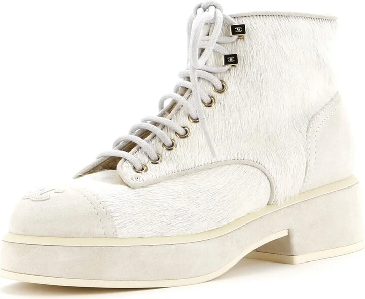 CHANEL Women's CC Cap Toe Combat Boots Pony Hair with Suede