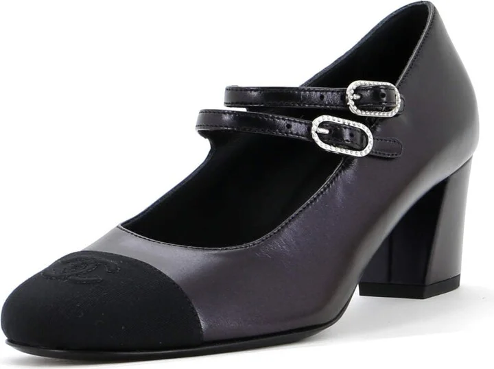 CHANEL Women's CC Cap Toe Double Strap Mary Jane Pumps Leather with Grosgrain