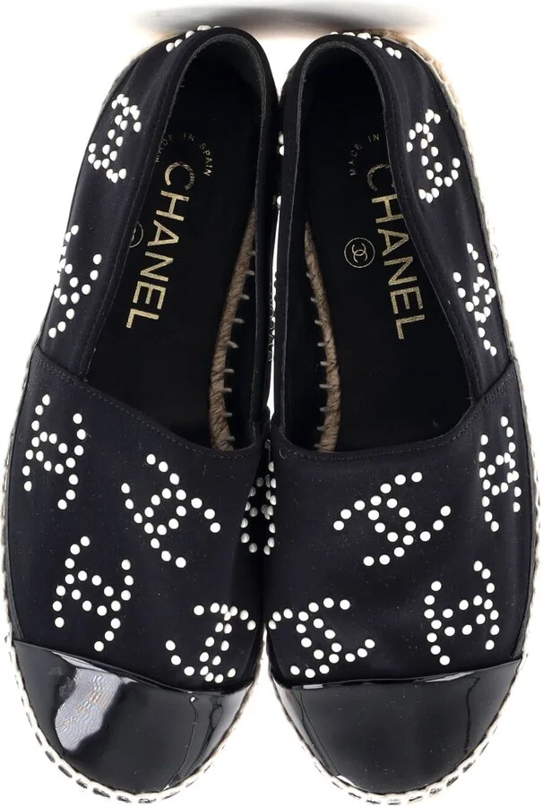 CHANEL Women's CC Cap Toe Espadrilles Jersey with Patent and Faux Pearls - Image 2