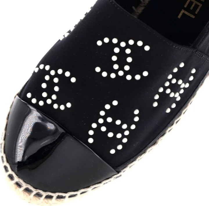 CHANEL Women's CC Cap Toe Espadrilles Jersey with Patent and Faux Pearls - Image 5