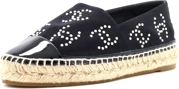 CHANEL Women's CC Cap Toe Espadrilles Jersey with Patent and Faux Pearls