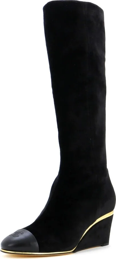CHANEL Women's CC Cap Toe Knee High Wedge Boots Suede