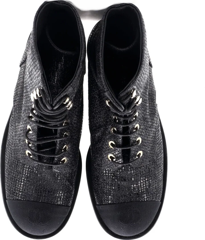 CHANEL Women's CC Cap Toe Lace Up Combat Boots Fabric with Grosgrain - Image 2