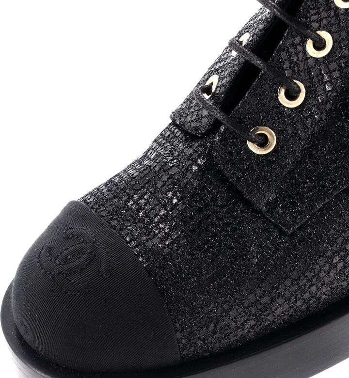 CHANEL Women's CC Cap Toe Lace Up Combat Boots Fabric with Grosgrain - Image 5