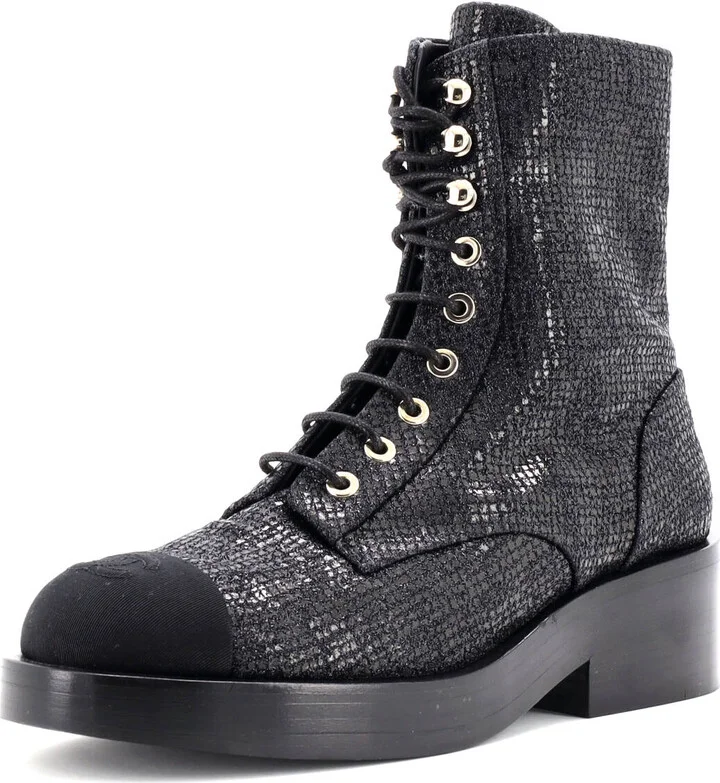 CHANEL Women's CC Cap Toe Lace Up Combat Boots Fabric with Grosgrain