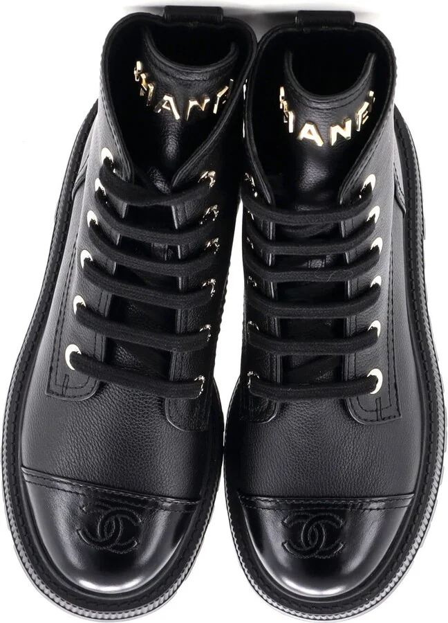 CHANEL Women's CC Cap Toe Lace Up Combat Boots Leather - Image 2
