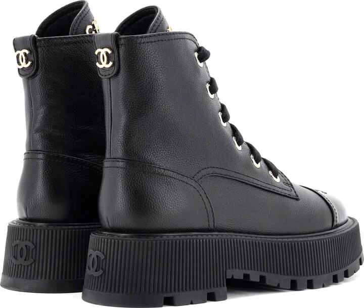 CHANEL Women's CC Cap Toe Lace Up Combat Boots Leather - Image 3