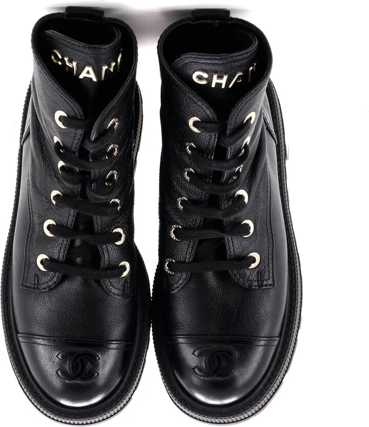 CHANEL Women's CC Cap Toe Lace Up Combat Boots Leather - Image 2