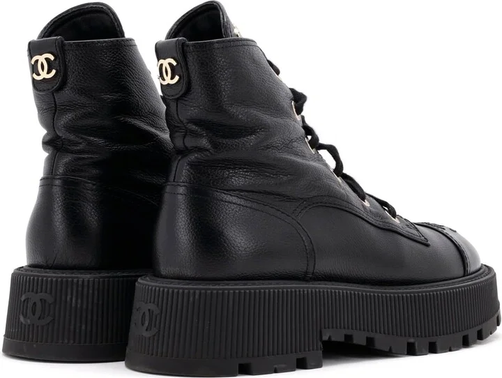 CHANEL Women's CC Cap Toe Lace Up Combat Boots Leather - Image 3