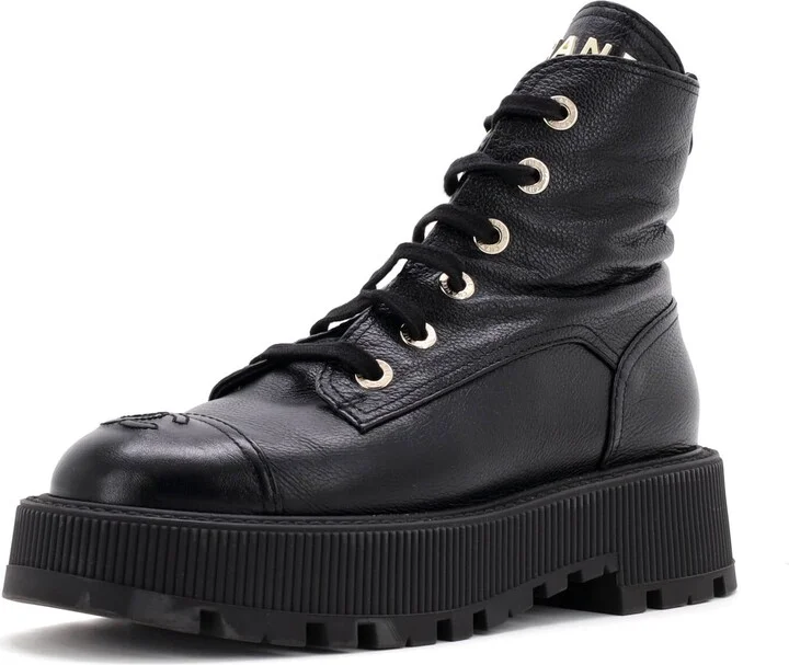CHANEL Women's CC Cap Toe Lace Up Combat Boots Leather
