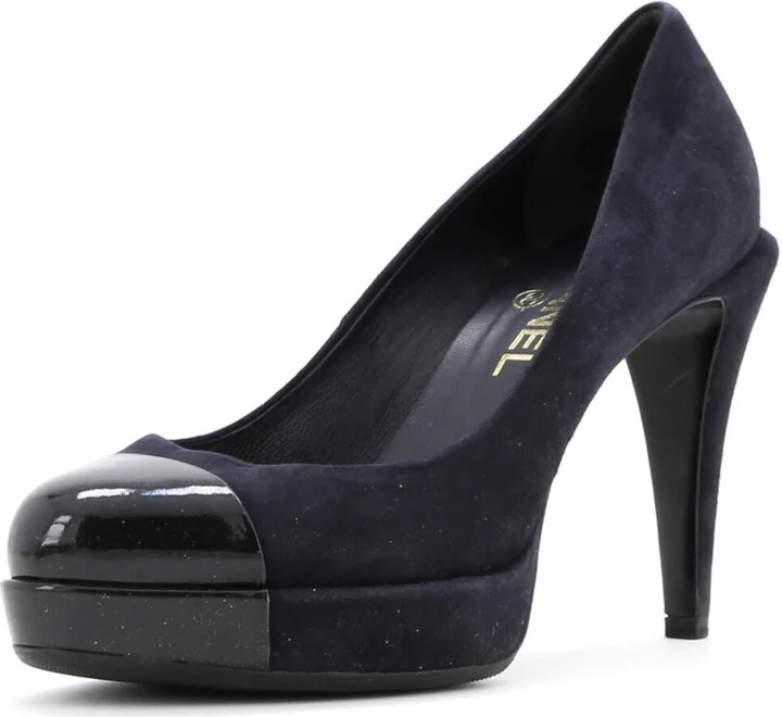 CHANEL Women's CC Cap Toe Logo Heel Pumps Suede with Patent