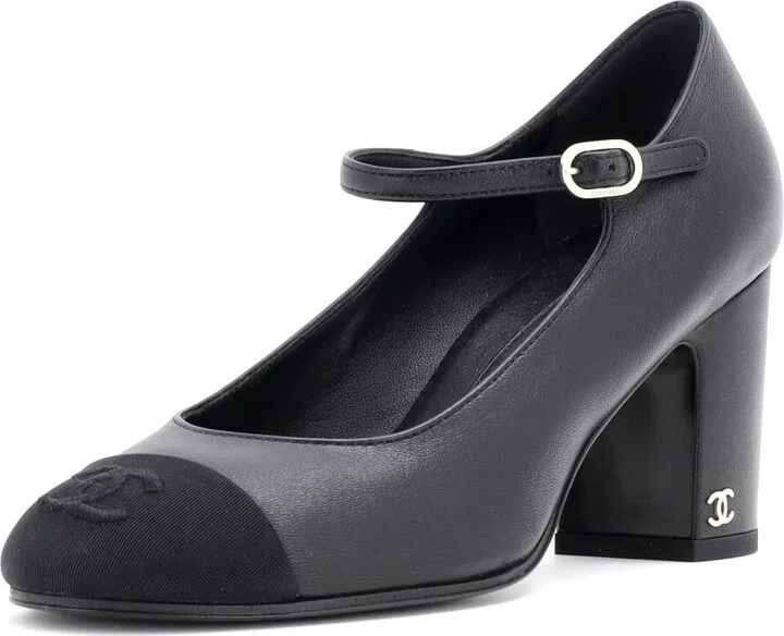 CHANEL Women's CC Cap Toe Mary Jane Pumps Leather with Grosgrain
