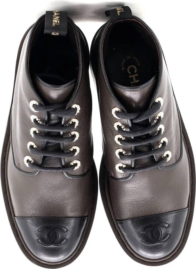 CHANEL Women's CC Cap Toe Short Combat Boots Leather with Faux Pearls - Image 2