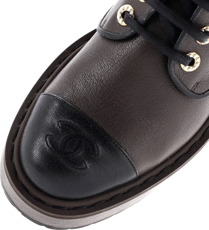 CHANEL Women's CC Cap Toe Short Combat Boots Leather with Faux Pearls - Image 5