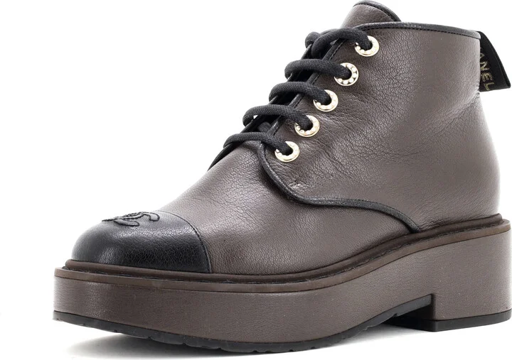 CHANEL Women's CC Cap Toe Short Combat Boots Leather with Faux Pearls