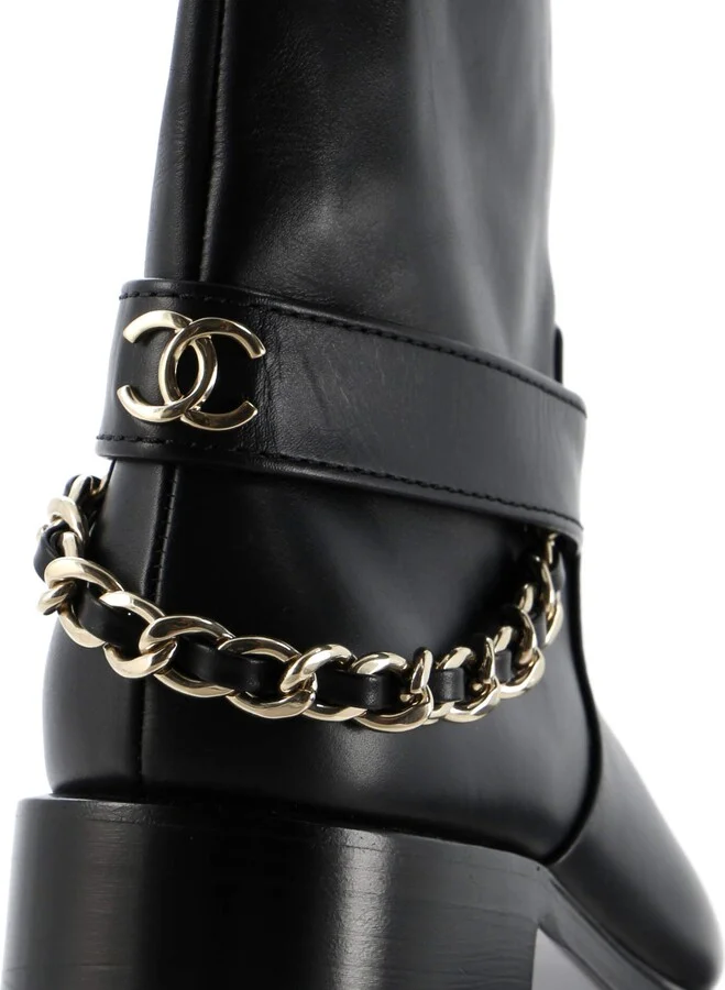 CHANEL Women's CC Chain Knee High Riding Boots Leather - Image 5